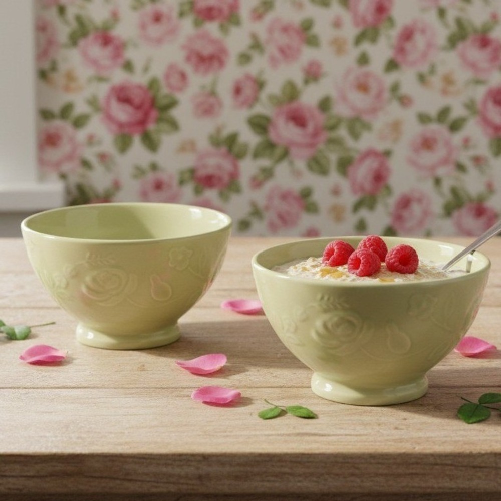 Incised Rose‎ Green Soup Bowls, Set of 2, Floral Pedestal Dishes, Tableware
